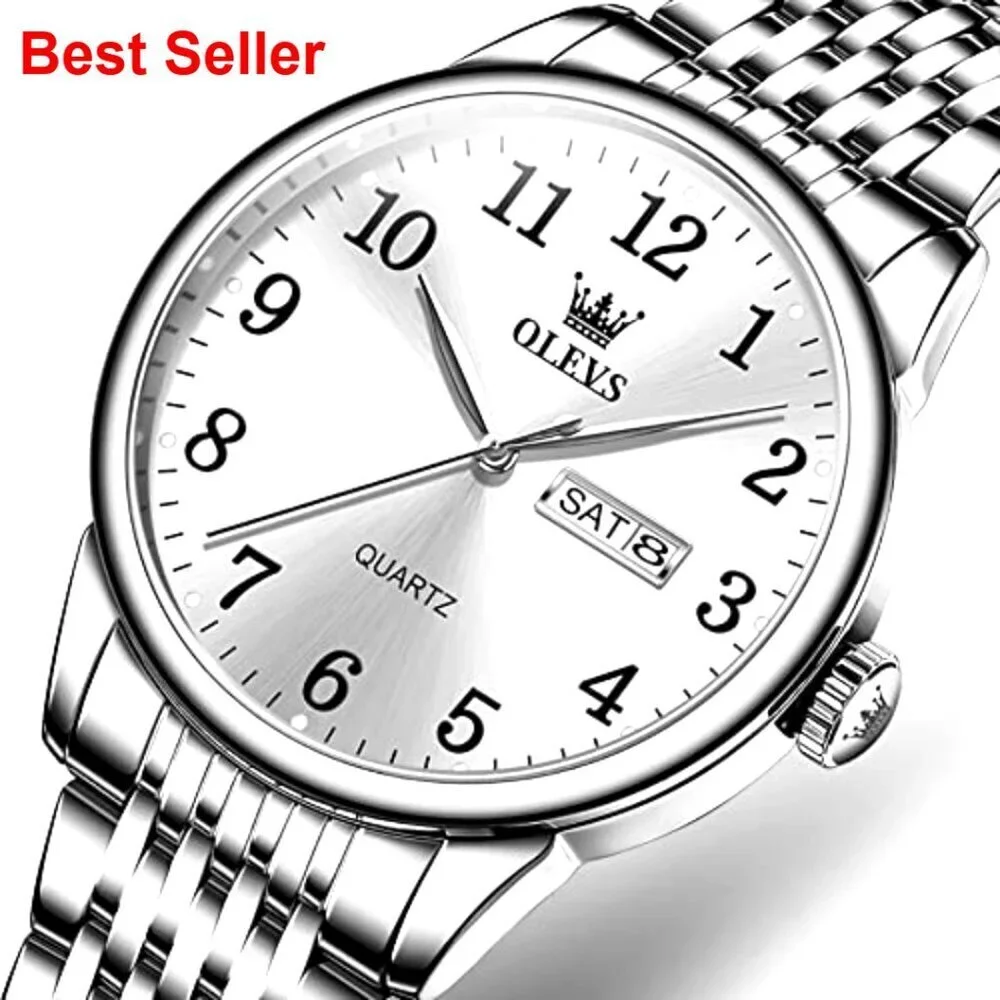 Stainless Steel Men's Dress Watch with Day Date Analog Quartz Waterproof